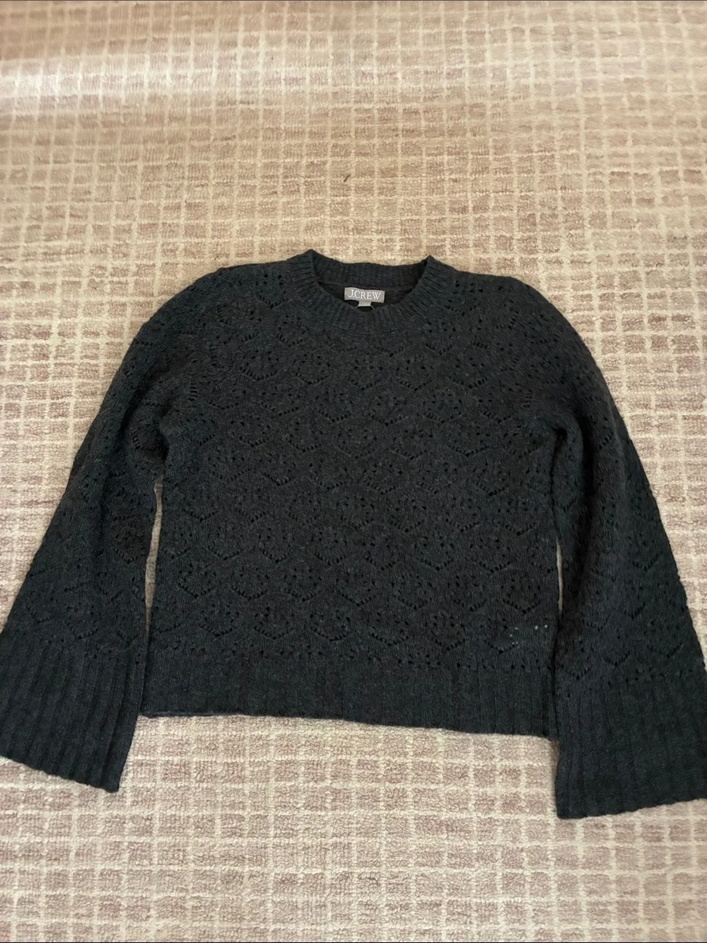 J.Crew new Wide-sleeve pointelle crewneck sweater merino wool charcoal gray NWT